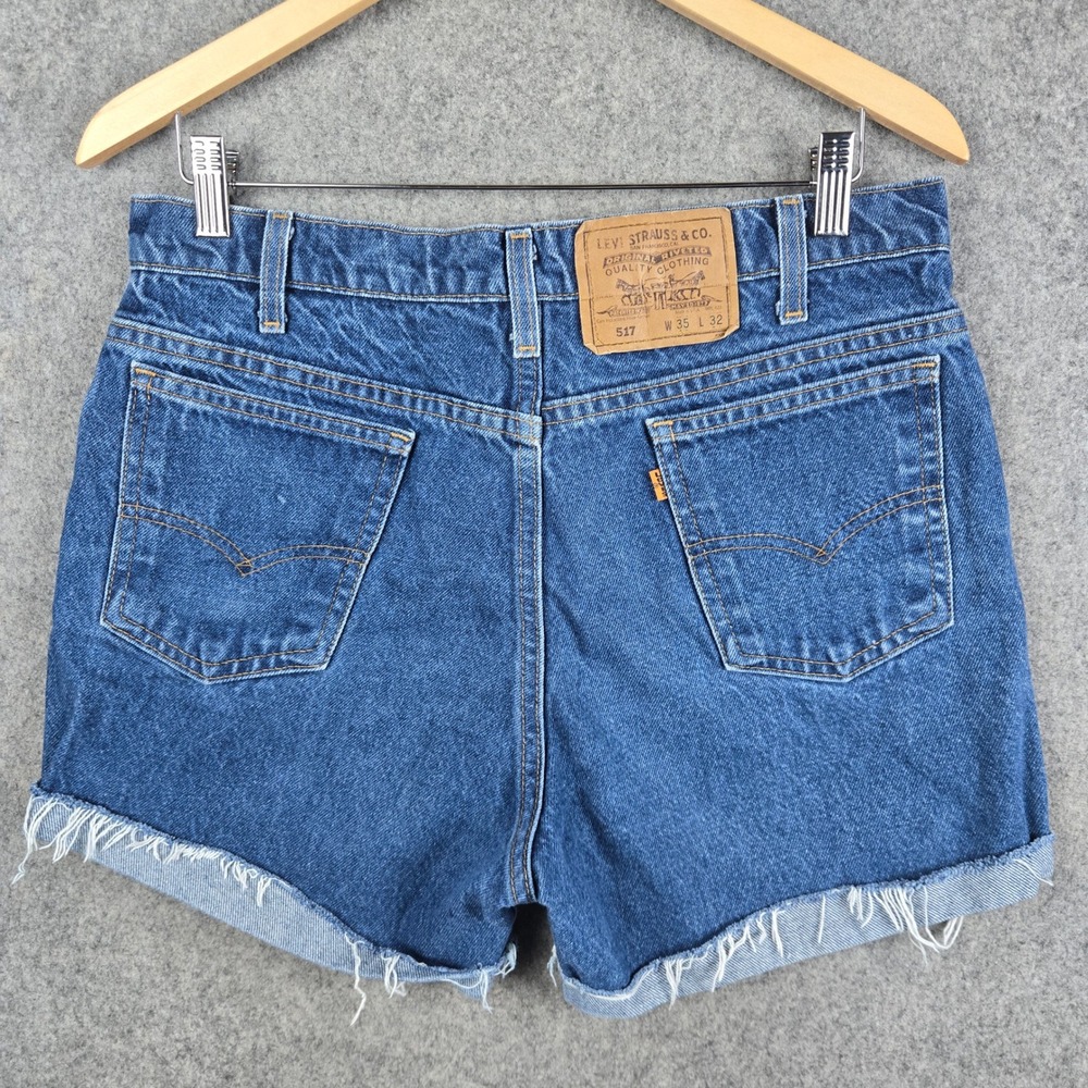 Vintage Levi 517 Shorts Womens 32 Blue Orange Tab Cut Off Denim 90s High Waist